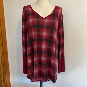 Plus Size 24/7 Red Plaid V Neck Long Sleeve Tee